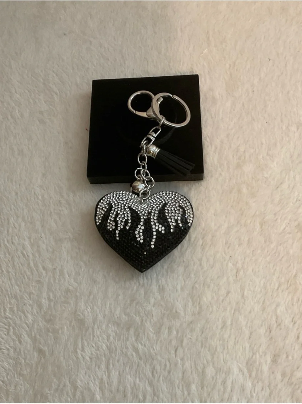 Black Heart Keychain with Silver Crystal Flame Accent